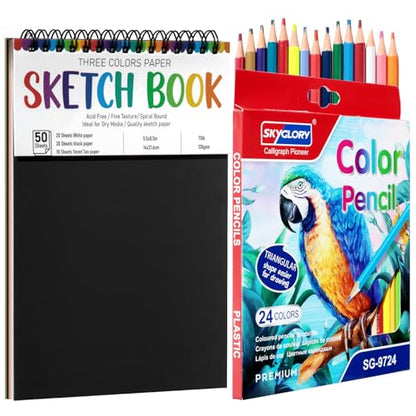 A5 Sketchbook Set with 24 Colored Pencils, 50 Sheets, Black | 160gsm Acid-Free Paper, Hardcover with Spiral Binding, Tear-Out Pages, for Sketching And Dry Media