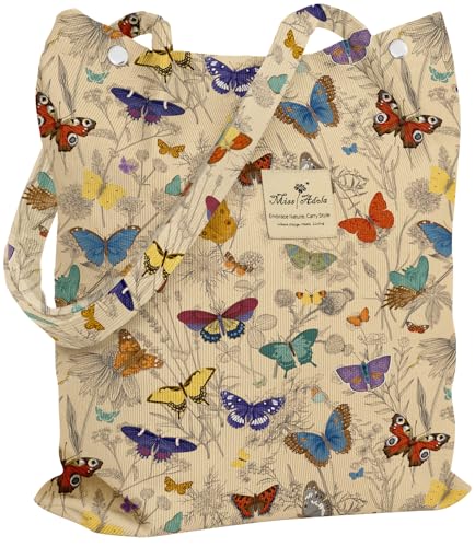 Miss Adola Corduroy Tote Bag for Women with Aesthetic Design | Magnetic Buckle & Pocket, Reusable, Soft, Roomy, Long Shoulder Handles, Double-sided Print, Casual Daily Work, Grocery Bags - color: Butterfly Line Flower