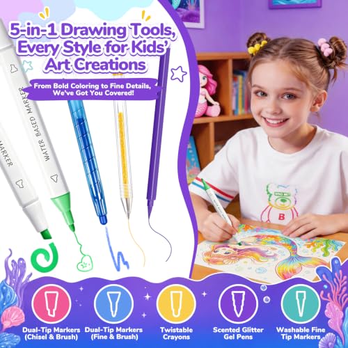 DreamyCandy 70 Pcs Washable Markers Set for Kids 4-8, Mermaid Art Set Gifts - color: Purple Mermaid