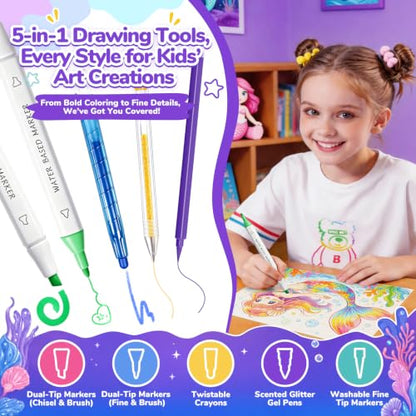 DreamyCandy 70 Pcs Washable Markers Set for Kids 4-8, Mermaid Art Set Gifts - color: Purple Mermaid