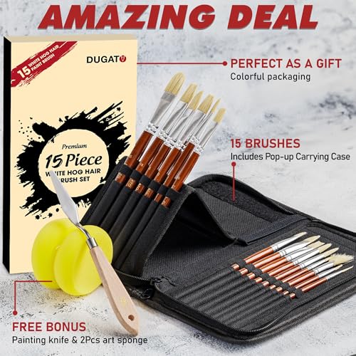 DUGATO Paint Brush Set 15pc with Pop-Up Case, Palette Knife & Sponges - color: White