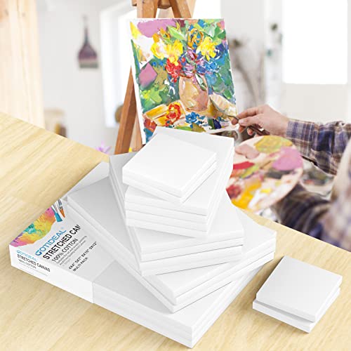 GOTIDEAL 18Pcs Stretched Canvases, Multi Pack 4x4, 5x7, 8x10, 9x12, 11x14 | Primed White Set, 100% Cotton Artist Blank Canvas Boards for Painting, Acrylic Pouring, Oil Paint - color: White, size: Multi Pack-18 Pcs
