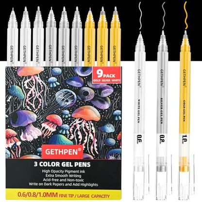 GETHPEN Gold Silver White Gel Pen Set, 0.6/0.8/1.0mmFine Point Gel Ink Pen - size: 1 Count (Pack of 9), style: 9 Pack White, Gold and Silver