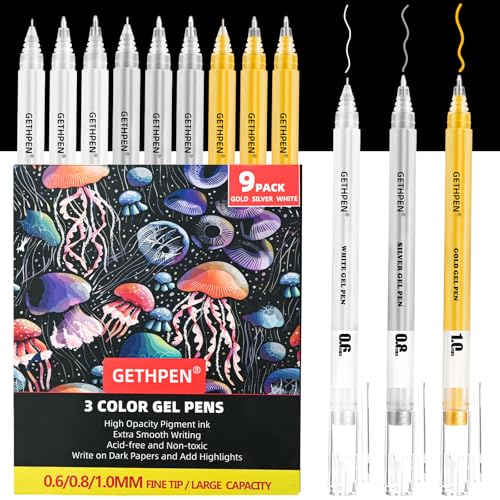 GETHPEN Gold Silver White Gel Pen Set, 0.6/0.8/1.0mmFine Point Gel Ink Pen - size: 1 Count (Pack of 9), style: 9 Pack White, Gold and Silver