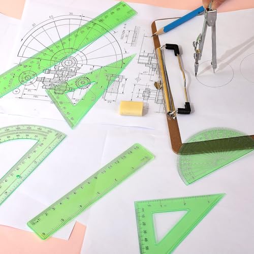 Zonon 7‑Piece Geometry Set with Drawing Compass, 6 & 4 Inch Protractors, Triangle Rulers and Straight Rulers, Transparent Math Drafting Supplies for Back to School, Students and Office Use(Green) - color: Green