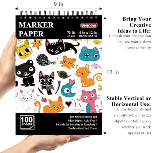 Belenova 9" x 12" Marker Paper Pad, 100 Sheets leedproof Drawing Paper for Markers - 73lb/120gsm Art Supplies for Drawing & Coloring.