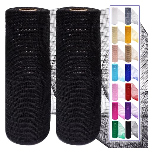 Black Mesh Ribbon Rolls 10 Inch 10 Yds, Deco Mesh Fabric for Wreaths | (2 Rolls) 30Ft Each, Decorative Foil Mesh for Christmas Tree Ribbon, Door Decor, DIY Crafts, Halloween, Wedding Party Supplie - color: Black