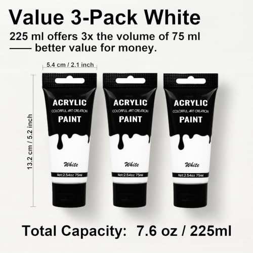 YULL 7.6 oz/225 ml Titanium White Acrylic Paint Tubes, Thick Opaque Waterproof Matte White Paint for Wood/Canvas/Metal/Ceramic/Plastic/Wall, Non-Toxic Water-Based Washable Indoor/Outdoor Craft Paints - color: White (Matte)