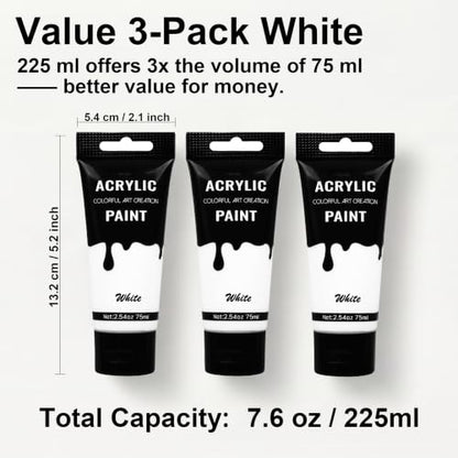 YULL 7.6 oz/225 ml Titanium White Acrylic Paint Tubes, Thick Opaque Waterproof Matte White Paint for Wood/Canvas/Metal/Ceramic/Plastic/Wall, Non-Toxic Water-Based Washable Indoor/Outdoor Craft Paints - color: White (Matte)