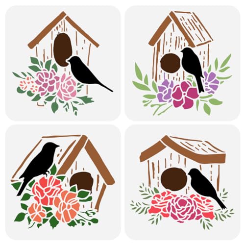 FINGERINSPIRE 4PCS Birdhouse Stencil for Painting 7.87x7.87inch Bird's House Painting Stencil Bird's Nest Drawing Stencil Spring Theme Craft Stencil for Painting on Wall Wood DIY Home Decoration - color: Floral Birdhouse