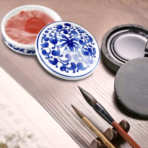 QWORK 5-Layer Ceramic Mixing Trays Set, Round Porcelain Watercolor Palettes and Sauce Dishes with Blue Patterns, Ideal for Art Lovers and Jewelry Storage