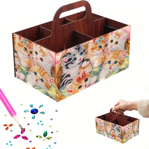 LSQFS Cat 5-Grid Wooden Diamond Painting Storage Box with Handle for Adults - color: cat