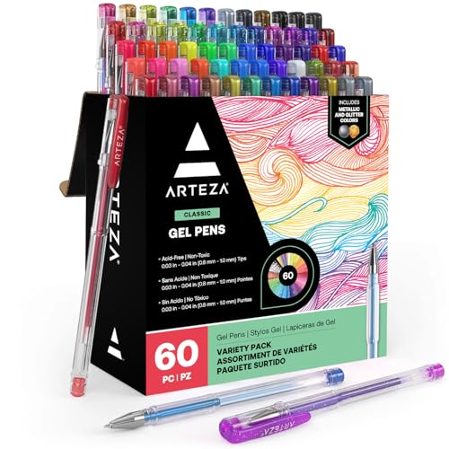 ARTEZA Gel Pens, Set of 60 – Fine Point Colored Ink Pens for Journaling, Adult Coloring, Note-Taking & Decorative Writing, Variety of Finishes - style: Set of 60