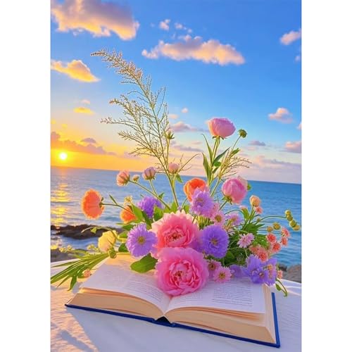 5D Diamond Painting Kits for Adults Beginner, Flowers Book Diamond Art Kits for Adults, DIY Full Round Drill Diamond Painting Gem Art for Home Wall Decor 11.8X15.7inch - color: Seaside Sunset