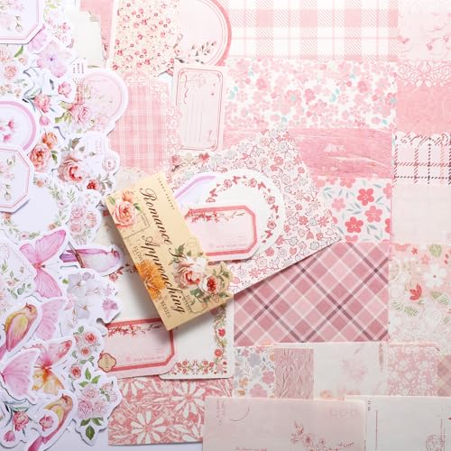 100pcs Pink Floral Scrapbooking Paper Vintage Flowers Scrapbook Specialty Craft Paper Memo Junk Material Papers Journaling Supplies for Journaling Retro Crafts Planner Collage Card Album