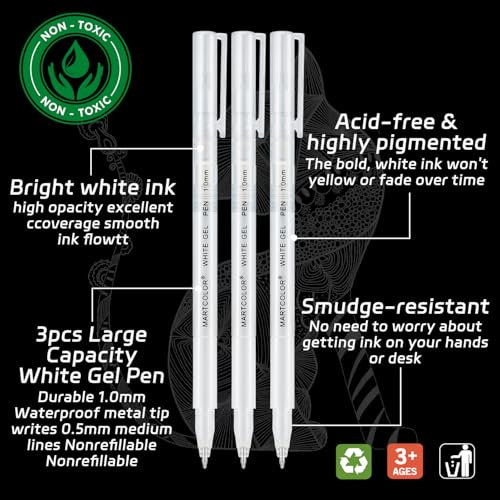 MARTCOLOR White Gel Pens, 1.0mm Extra Fine Opaque Archival Ink Pens, 3 Pack | Opaque Gel Ink Pen for Black Paper Drawing, Art Highlight, Illustration, Bullet Journaling, Card Making & DIY Projects - color: White