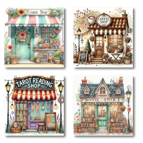 VIGEGU 4 Pack Shop Diamond Art Kits for Adults - Diamond Painting Kits | 5D Diamond Dots Round Dimond Art Paintings DIY Full Drill Gem Art Craft Kit for Home Decor and Gifts 12X12 inch - color: ART-Shop-Coffee Tarot Card Flower Book