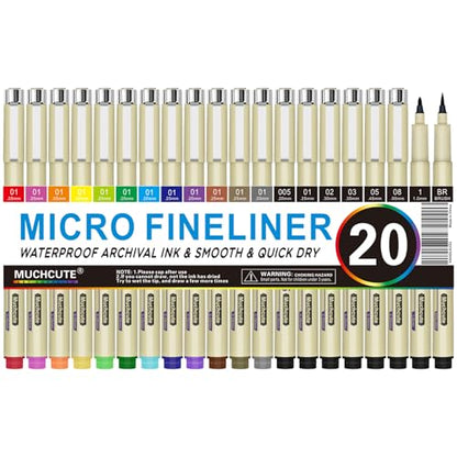 Muchcute Micro Fineliner Drawing Art Pens: 20 Set (12 Colors 01 & 8 Black) - color: 20 Set (12Colors01+8Black)