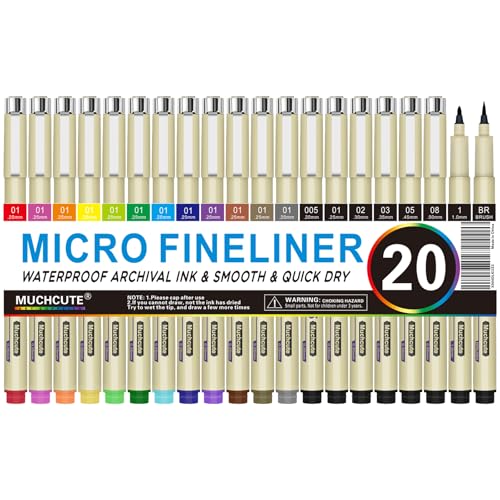 Muchcute Micro Fineliner Drawing Art Pens: 20 Set (12 Colors 01 & 8 Black) - color: 20 Set (12Colors01+8Black)