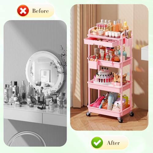 SUNALLY Makeup Cart Organizer with Drawer, 4 Tier Rolling Makeup Cart, Pink - color: Pink, size: 4 Tier