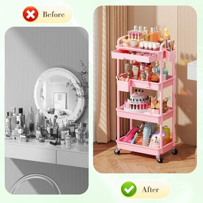 SUNALLY Makeup Cart Organizer with Drawer, 4 Tier Rolling Makeup Cart, Pink - color: Pink, size: 4 Tier