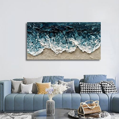Art Hand-Painted Blue Ocean Beach Landscape Oil Painting Large Abstract Canvas Art Home wall Decoration 24x48 inches - color: Dn166