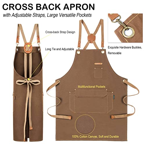 Genixart Chef Apron Men Women, Kitchen Aprons Cooking, BBQ - Brown | Box Packed, Cotton Canvas, Cafe, Bar, Workshop, Restaurant, Water & Oil Stain Resistant, Cross Back Adjustable, Large Pockets - color: Brown