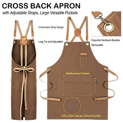 Genixart Chef Apron Men Women, Kitchen Aprons Cooking, BBQ - Brown | Box Packed, Cotton Canvas, Cafe, Bar, Workshop, Restaurant, Water & Oil Stain Resistant, Cross Back Adjustable, Large Pockets - color: Brown