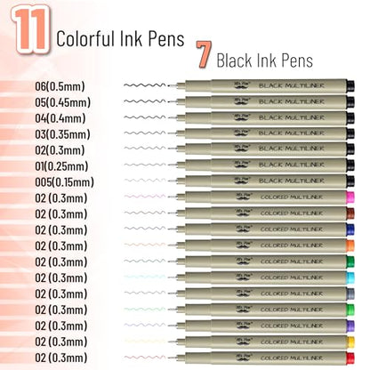 Mr. Pen- Drawing Pens for Artists, 18 Pack, Black Ink Multiliner | Colorful 0.3mm Artist Pens