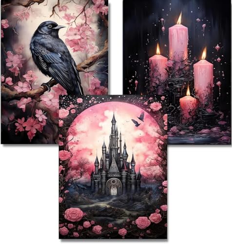 DAZZLEDOTS Diamond Art Kits for Adults, 3 Pack Pink Diamond Painting Kits for Beginner DIY Crow Castle and Candle 5D Full Drill Diamond Dots Crafts for Home Wall Decor Gifts 12x16 Inch - color: DD108