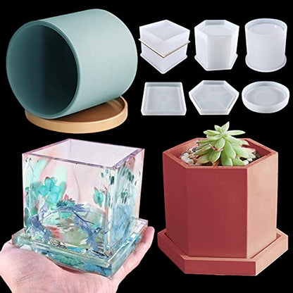 3 Sets Large Silicone Plant Molds, Container Coaster Resin Concrete Mold, Cylinder Cube Hexagon Silicone Mold for Candle Vessel Succulent Planter Pot Pen Holder Jar, Handmade Crafts Supplies - color: 3pc Containers+3pc Coasters