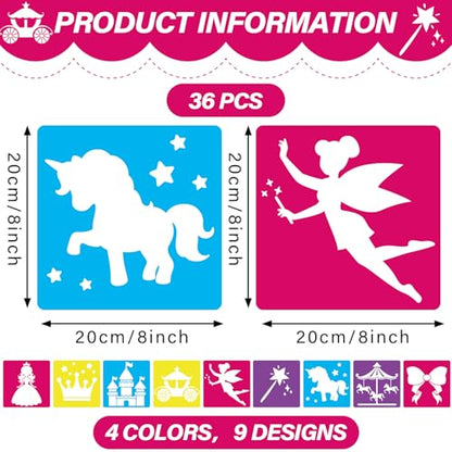 36pcs Princess Drawing Stencils 8 Inch Sidewalk Chalk Stencils Painting Large Washable Reusable Garden Theme Princesses Fairies Primary Shape Template - style: Princess