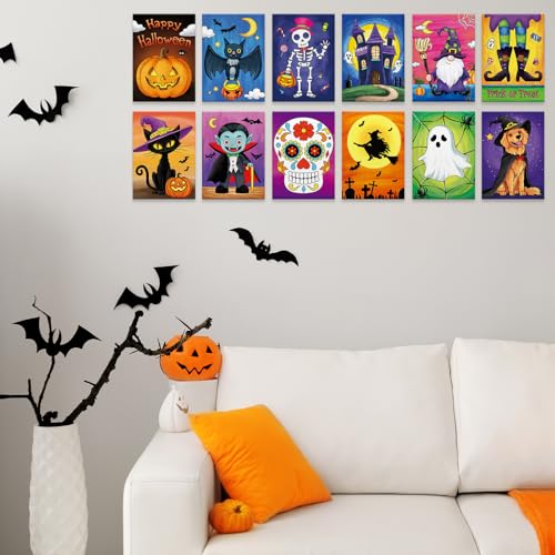 Anseal 12 Packs Pre Drawn Canvas to Paint, 5" X 7" Halloween Pre Printed Canvas for Kids, Pre Stretched Canvas Outline Painting Boards for Beginners, Students, Party Favor - style: Halloween