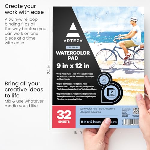 ARTEZA Watercolor Paper Pad, 32 Sheets, 9 x 12 Inches, 140 lb / 300 GSM, Cold Press, Acid-Free Art Paper for Watercolor, Gouache, and Mixed Media - style: 32 Sheets