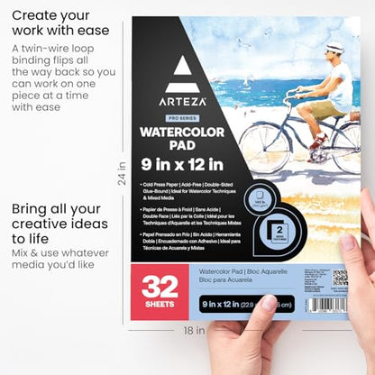 ARTEZA Watercolor Paper Pad, 32 Sheets, 9 x 12 Inches, 140 lb / 300 GSM, Cold Press, Acid-Free Art Paper for Watercolor, Gouache, and Mixed Media - style: 32 Sheets