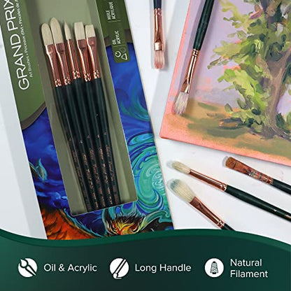 Silver Brush Limited Grand Prix Plein Air Oil Paintbrush Set, 5pc | Round, Flat, Bright, Filbert, Long Handle, Stiff Flagged Hog Bristle, Landscape, Botanical, Floral Designs, Easel Painting