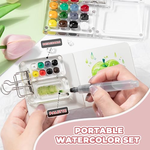 Mini Watercolor Set, Travel Palette for Sketching, Acrylic Palette | 12 colors, 3 water brushes, sketchbook, palette and clip; 6x6cm mini kit for travel, outdoor sketching and art class.