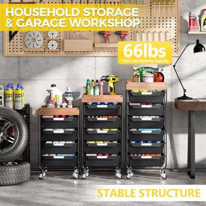 SYKIARIOL Utility Cart with 6 Labeling Drawers and Wooden Tabletop - color: Classic Black, size: 6-Drawer