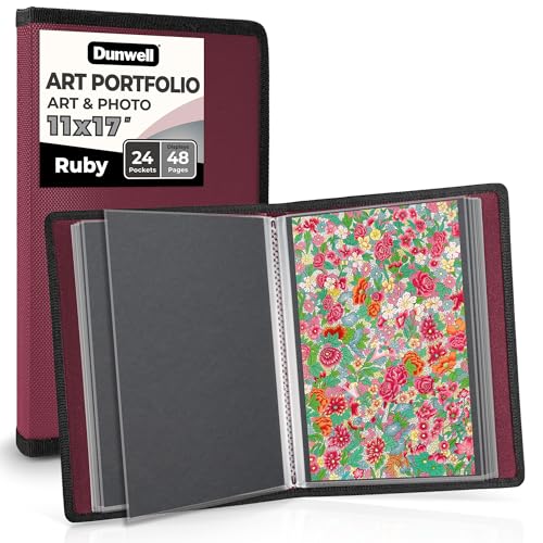Dunwell 11x17 Art Portfolio Binder, 24-Sleeve, Black Mounting Paper, Black | 24 Clear Sleeves, Displays 48 Pages, Black Mounting Paper Included, Artwork Storage, Acid-Free Poly Protection - color: Ruby, size: 11x17" w/ BLK Paper
