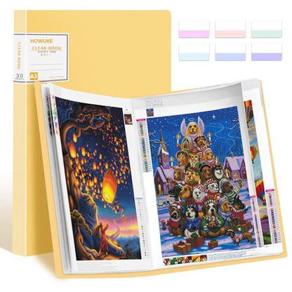 A3 Diamond Painting Storage Book, 60 Views Art Portfolio Presentations Folder with 30 Pages Protectors, 17.3x12.8in Yellow - color: Yellow