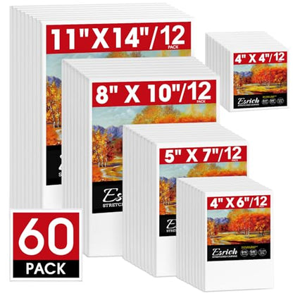 ESRICH Stretched Canvas for Painting, 60 Pack Multi Size11x14, 8x10, 5x7, 4x6, 4x4, Blank Primed Canvases for Oil & Acrylic Painting, Painting Canvas Supplies for Beginners, Artists(12 of Each). - size: 60PCS-5sizes（12 of Each）