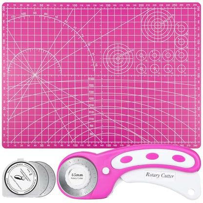 Rotary Cutter and Mat Set, Audab Self Healing Sewing Mats Shirt Cutter 45mm Fabric Cutter Wheel with 2 Blades Rotary Cutting Mat for Crafts Fabric Quilting Hobby (9" x 12" (A4) - color: Pink