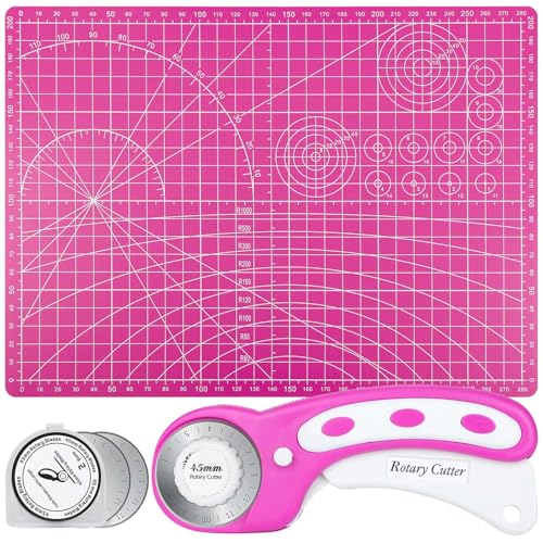 Rotary Cutter and Mat Set, Audab Self Healing Sewing Mats Shirt Cutter 45mm Fabric Cutter Wheel with 2 Blades Rotary Cutting Mat for Crafts Fabric Quilting Hobby (9" x 12" (A4) - color: Pink