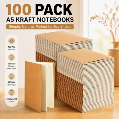 Mimorou 100 Pcs A5 Journals Notebooks Bulk,Brown,Lined - color: Brown, style: Lined