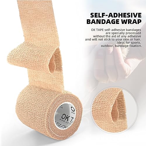 OK TAPE Self Adherent Cohesive Bandages Wrap 6Packs 4" x 5 Yards | Non-Woven Self Adhesive Bandage Wrap for Thumb, Finger, Wrist, Ankle, Vet Wrap Bandages Tape (Beige) - color: Beige/Tan, size: 4 In x 5 Yards