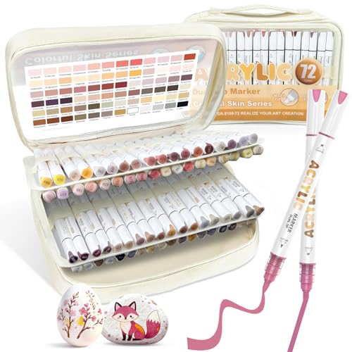 Guangna 72 Colors Dual Tip Acrylic Paint Markers, Brush Tip & Chisel Tip Acrylic Paint Pens for Rock, Wood, Glass, Paper, Coloring Book, Ceramic, Canvas, Water-Based Ink - color: 72 Colors