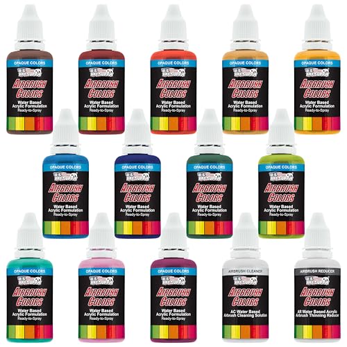 U.S. Art Supply Airbrush Paint Set - 12 Color Secondary Opaque with Reducer & Cleaner, Ready to Spray Air brush Paint, 1-Ounce Water-Based Acrylic for Painting Metal, Plastic Models, Canvas, Wood - color: 12-Color Secondary Set