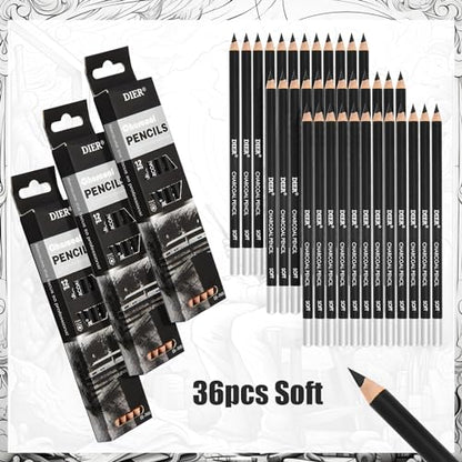 Geyoga 36 Pcs Professional Charcoal Pencils Soft, Medium and Hard for Drawing Charcoal Pencils for Sketching Shading Drawing Blending Portrait(Black, Soft) - style: Soft