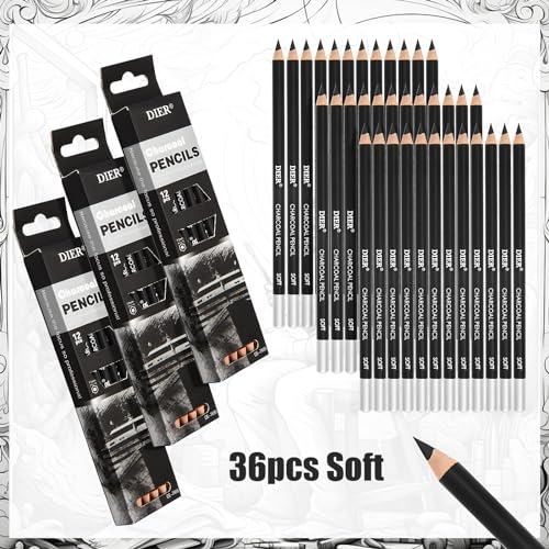 Geyoga 36 Pcs Professional Charcoal Pencils Soft, Medium and Hard for Drawing Charcoal Pencils for Sketching Shading Drawing Blending Portrait(Black, Soft) - style: Soft