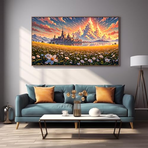 DDGEMART 5D Diamond Painting, Full Drill Fantasy Castle Meadow Lake Flower Art for Adults, Large 28x16 Inch - color: Fantasy Landscape